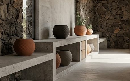 Tres piezas de la Serie Origen en terracota y negro sobre un banco de cemento
